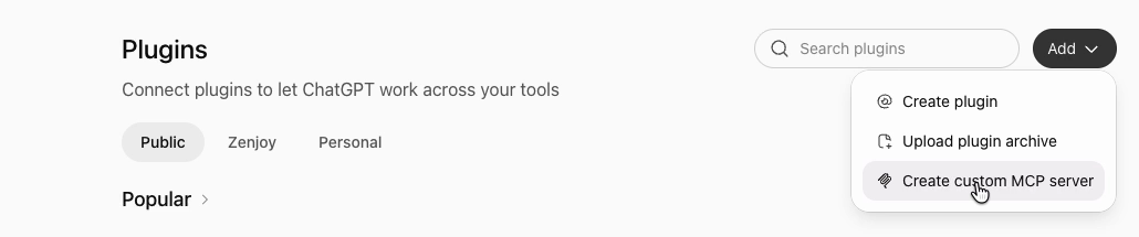 The Add menu on the ChatGPT Plugins page, with "Create custom MCP server" selected